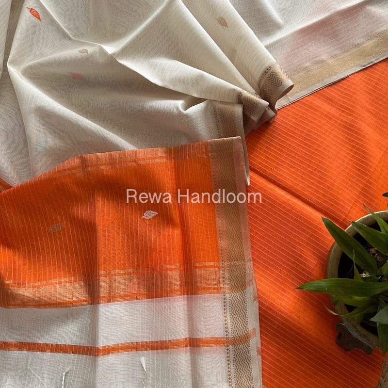 Maheshwari Orange-White Motifs Top-Dupatta Set PST0188