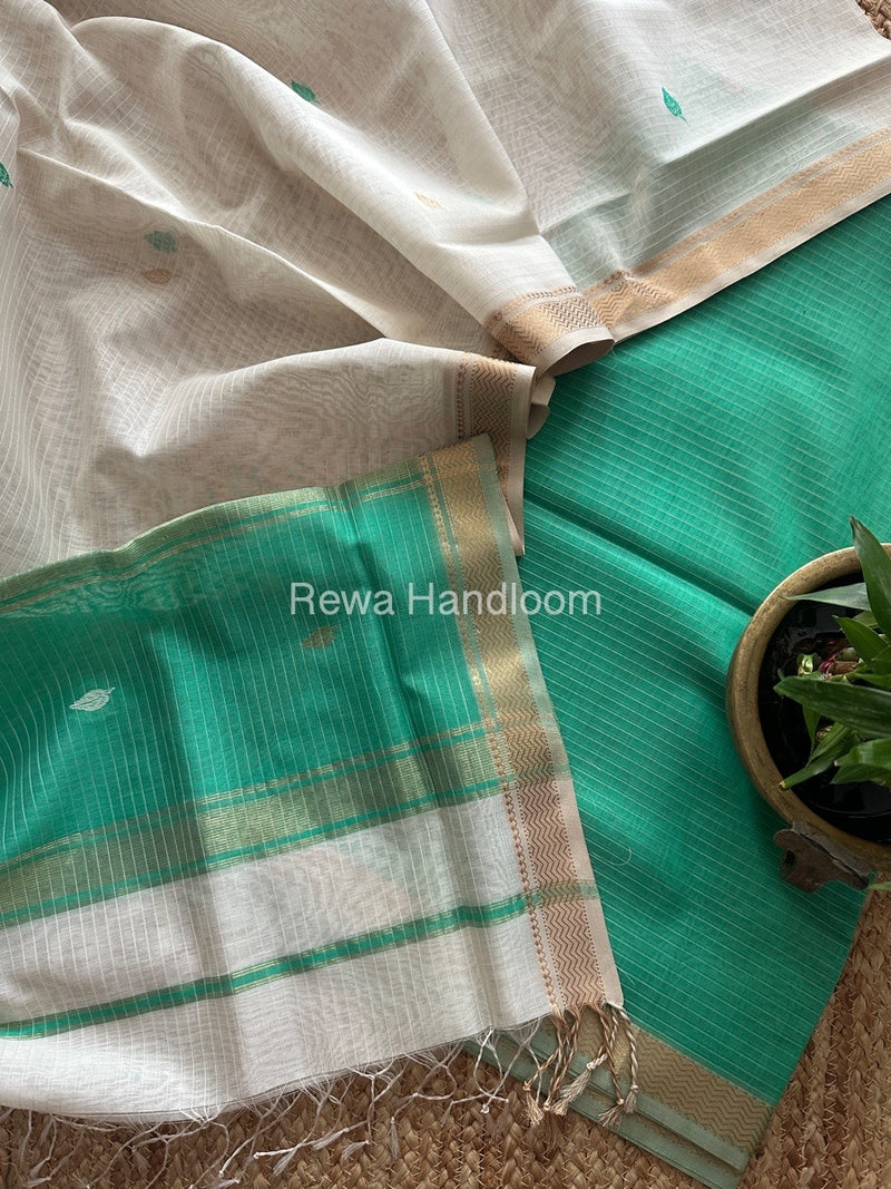 Maheshwari Sea Green-White Motifs Top-Dupatta Set PST0185