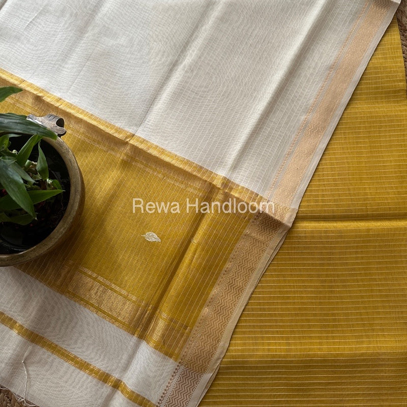 Maheshwari Turmeric Yellow-White Motifs Top-Dupatta Set PST0187