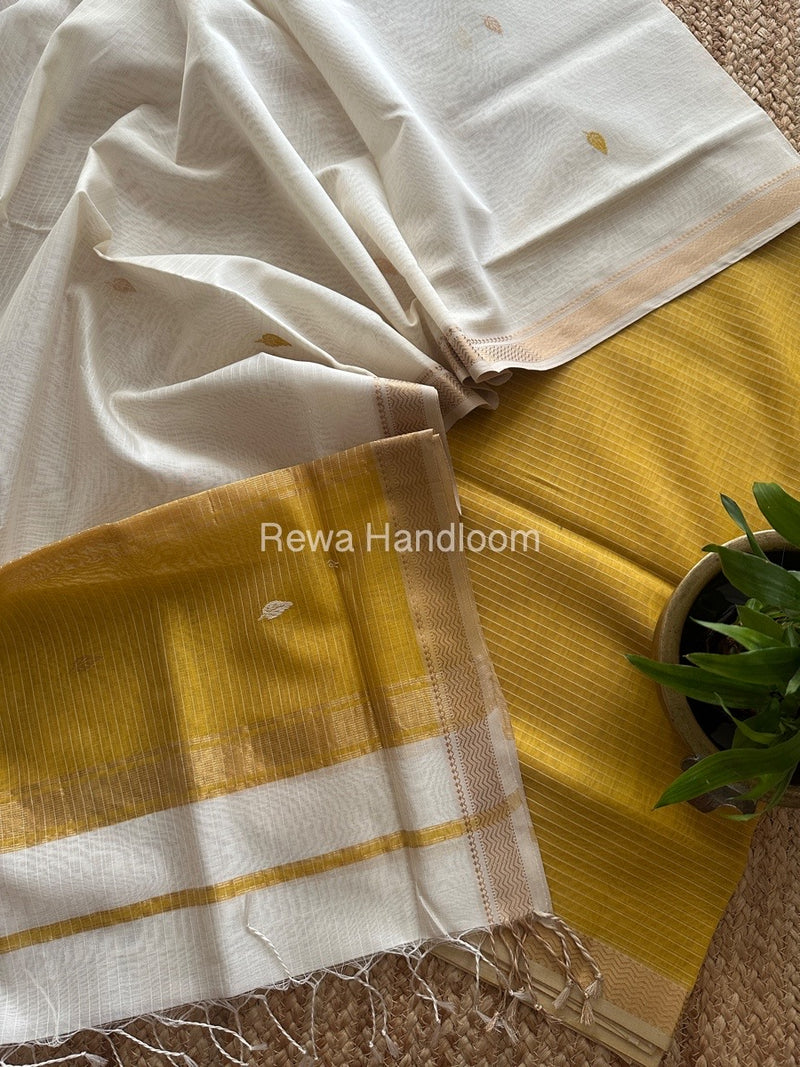 Maheshwari Turmeric Yellow-White Motifs Top-Dupatta Set PST0187