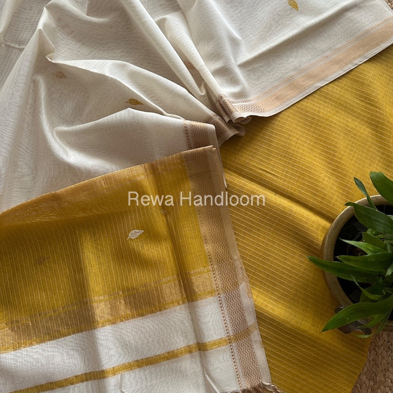 Maheshwari Turmeric Yellow-White Motifs Top-Dupatta Set PST0187