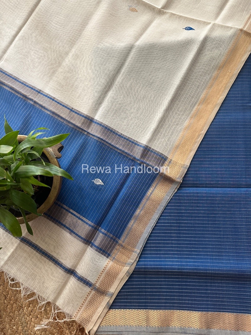 Maheshwari Blue-White Motifs Top-Dupatta Set PST0190