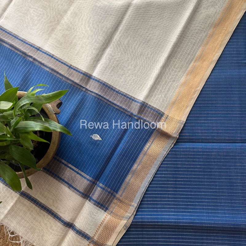 Maheshwari Blue-White Motifs Top-Dupatta Set PST0190