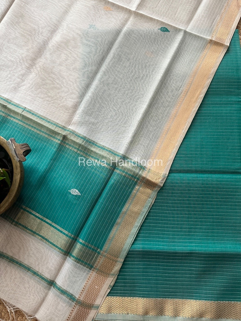 Maheshwari Aqua Green-White Motifs Top-Dupatta Set PST0179