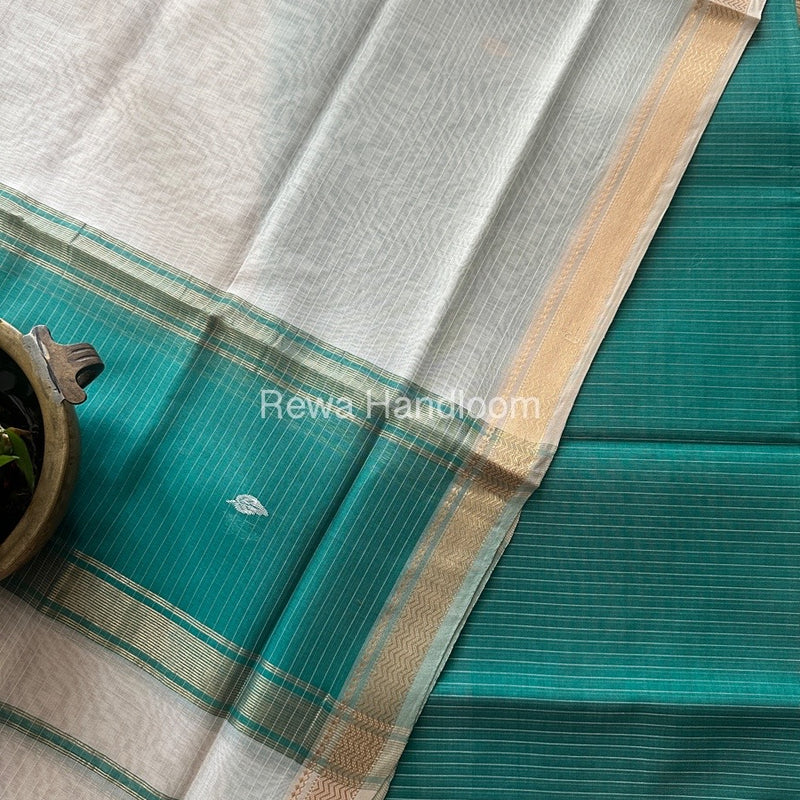 Maheshwari Aqua Green-White Motifs Top-Dupatta Set PST0179