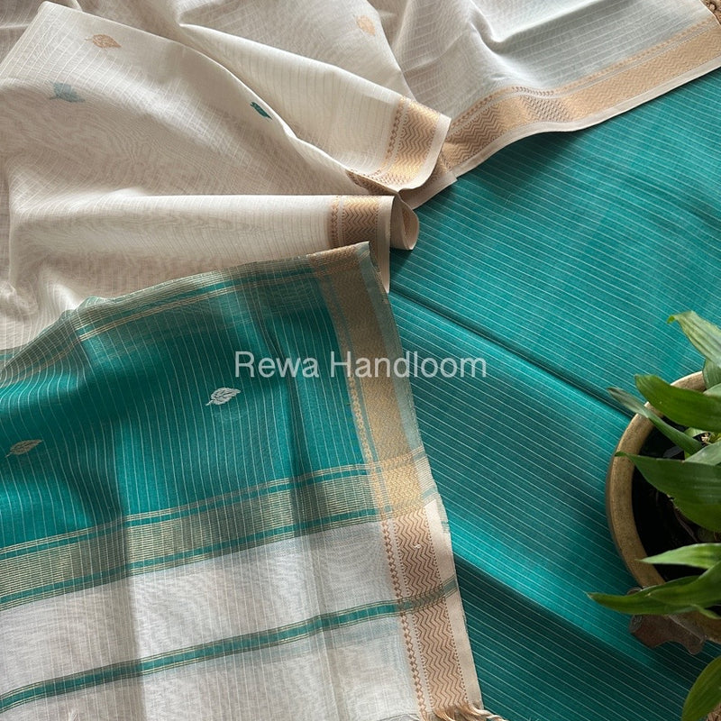 Maheshwari Aqua Green-White Motifs Top-Dupatta Set PST0179