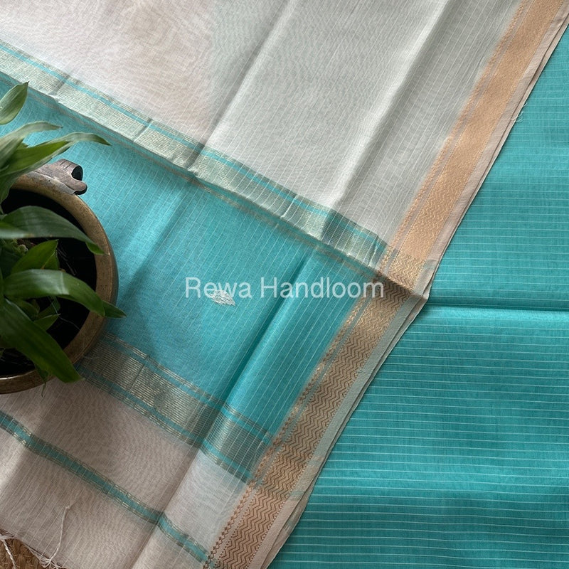 Maheshwari Aqua Blue-White Motifs Top-Dupatta Set PST0193