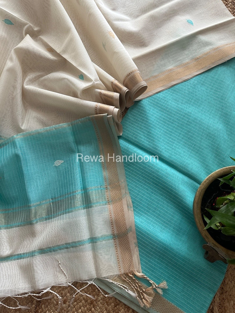 Maheshwari Aqua Blue-White Motifs Top-Dupatta Set PST0193