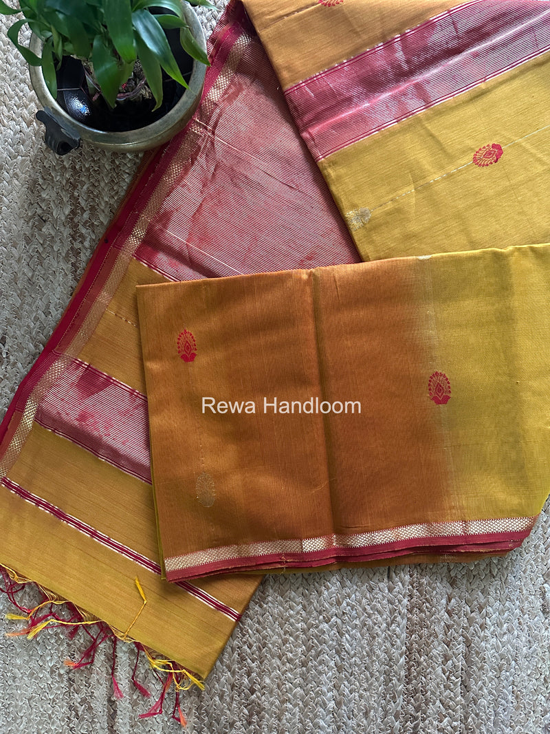 Maheshwari Mustard Yellow Shaded Gajalakshmi Diya Butta Saree GKDB03