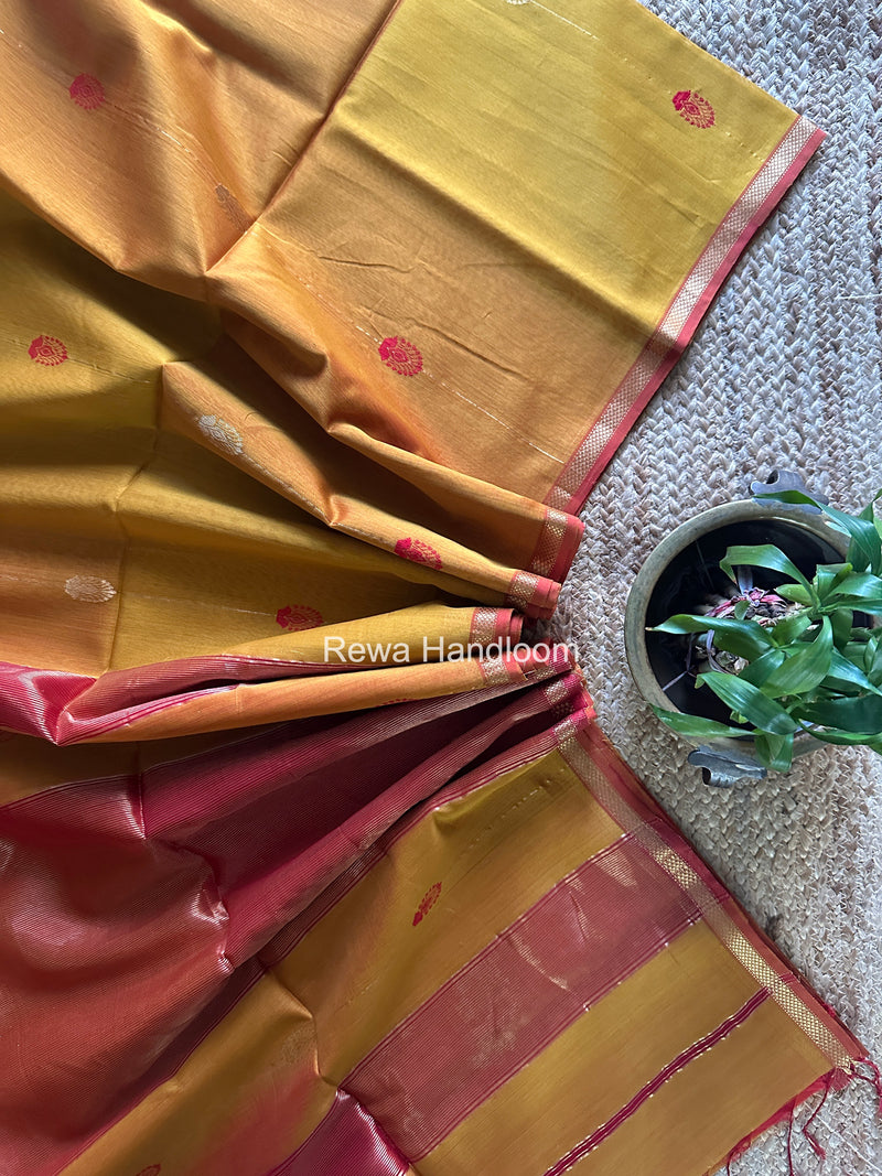 Maheshwari Mustard Yellow Shaded Gajalakshmi Diya Butta Saree GKDB03