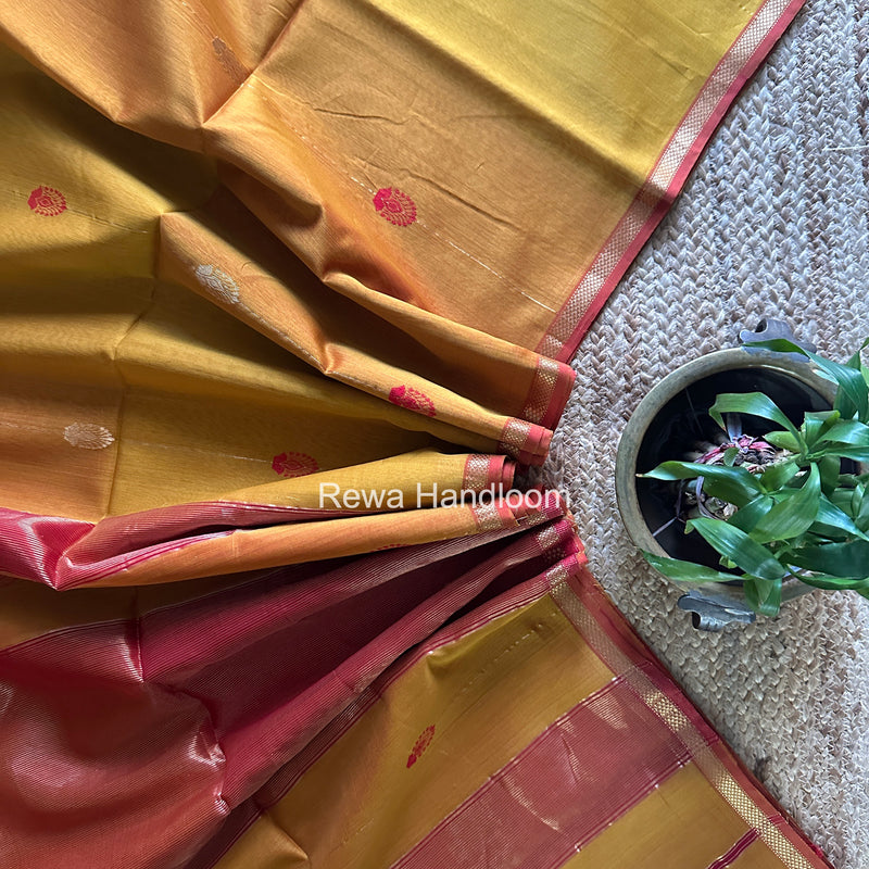 Maheshwari Mustard Yellow Shaded Gajalakshmi Diya Butta Saree GKDB03