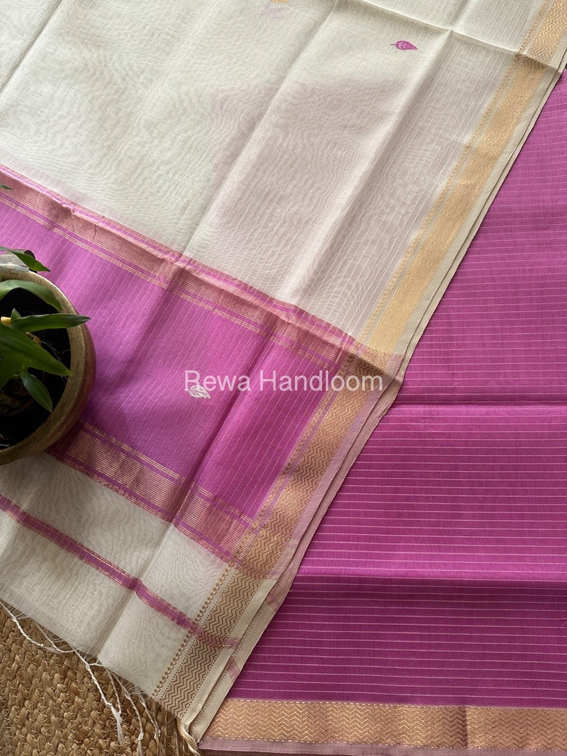Maheshwari Pink-White Motifs Top-Dupatta Set PST0192