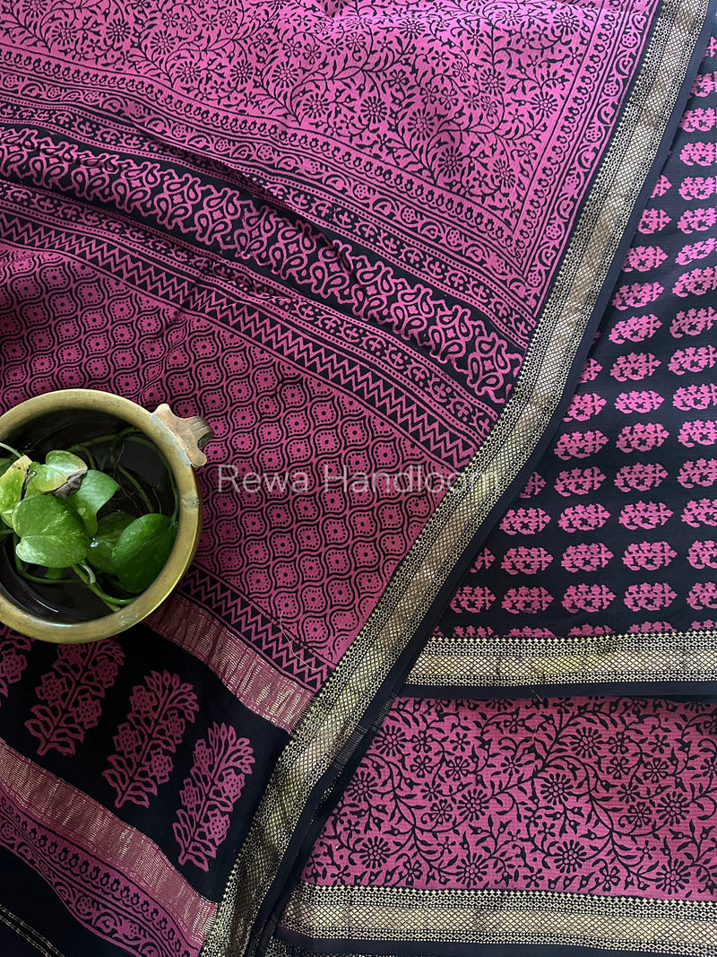 Maheshwari Black-Rani Pink Bagh Print Suit BSP044