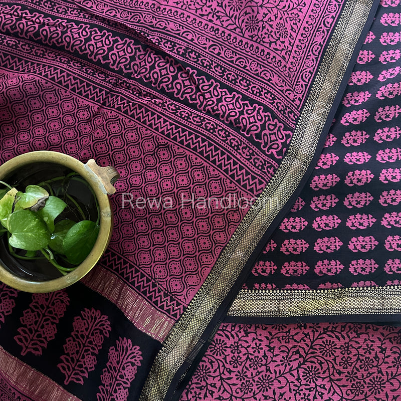 Maheshwari Black-Rani Pink Bagh Print Suit BSP044
