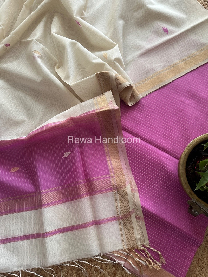 Maheshwari Pink-White Motifs Top-Dupatta Set PST0192