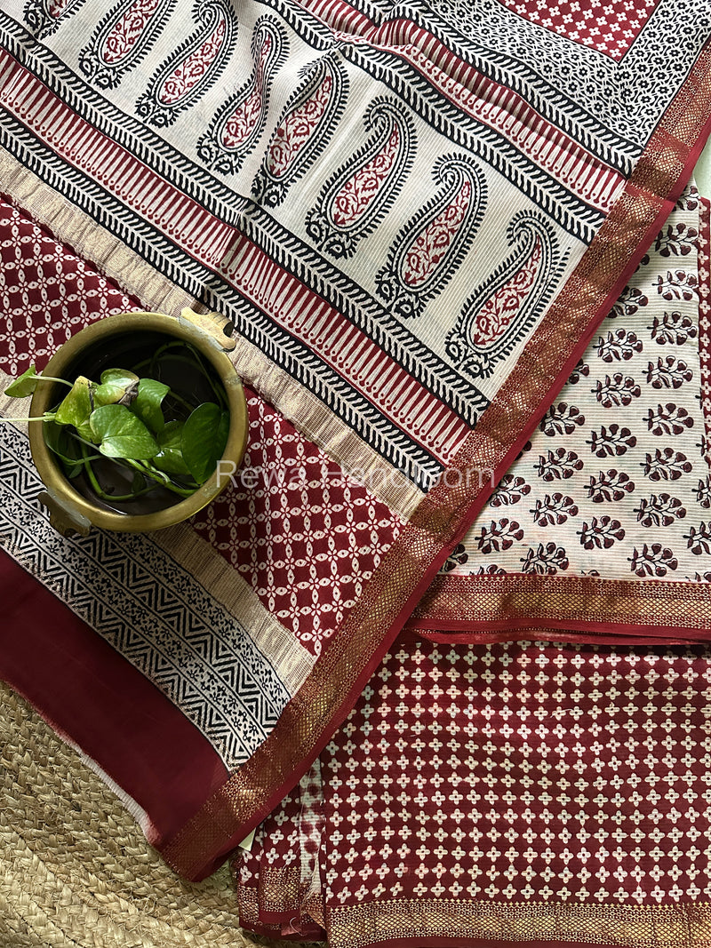 Maheshwari White-Maroon Bagh Print Suit BSP053