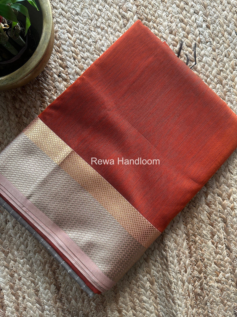 Maheshwari Rust Orange Resham Thread Border Saree RTS077