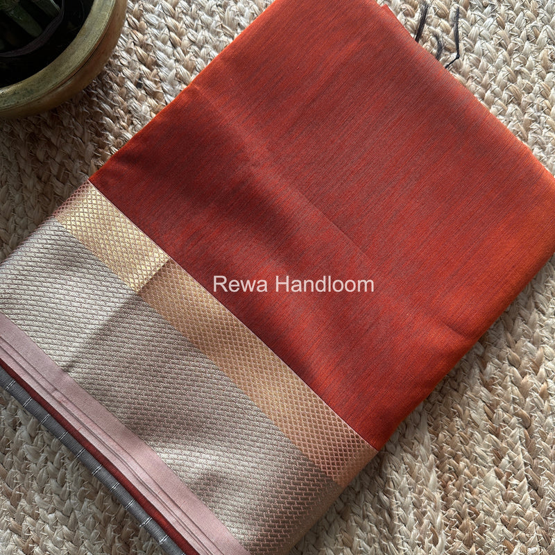 Maheshwari Rust Orange Resham Thread Border Saree RTS077