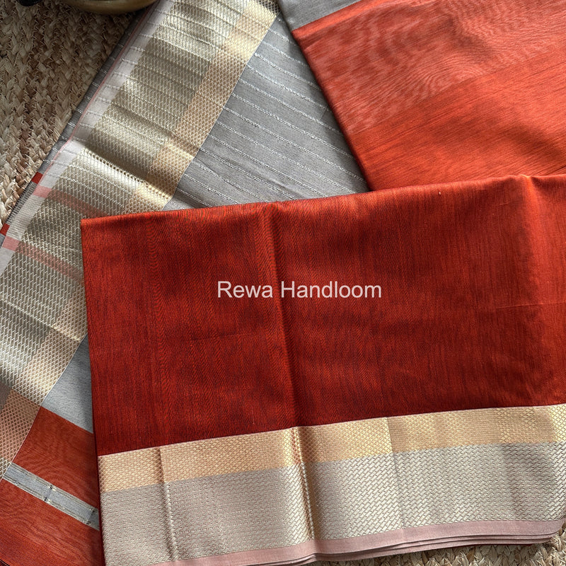 Maheshwari Rust Orange Resham Thread Border Saree RTS077
