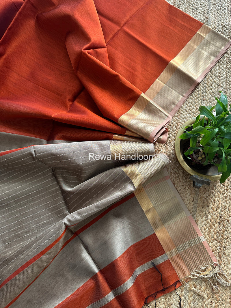 Maheshwari Rust Orange Resham Thread Border Saree RTS077