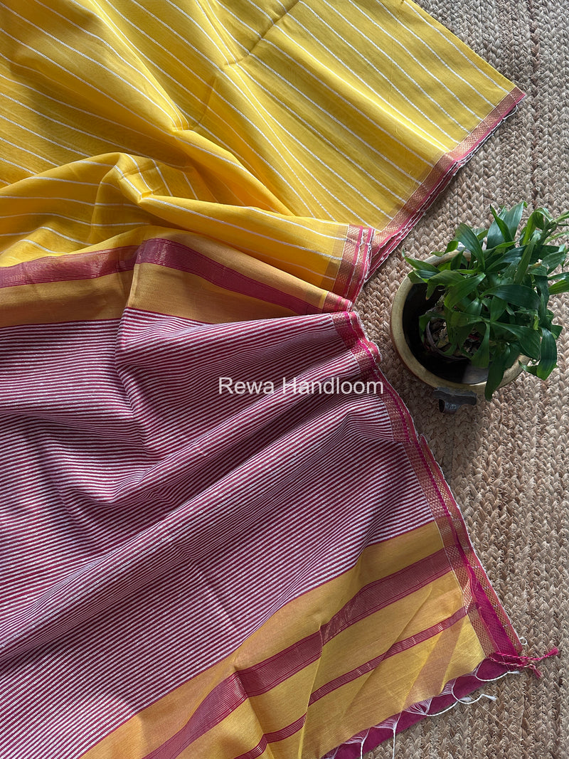 Maheshwari Yellow Gichha Thread Lining Saree GTLS065