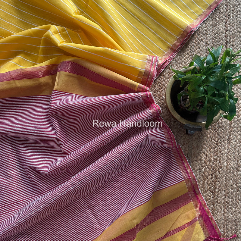 Maheshwari Yellow Gichha Thread Lining Saree GTLS065