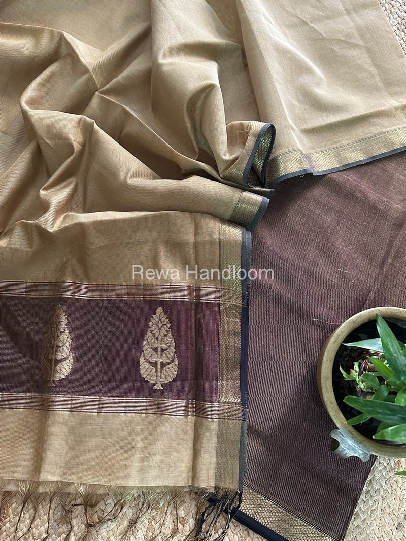 Maheshwari Wine-Beige Tissue Butta Dress Material TPT077