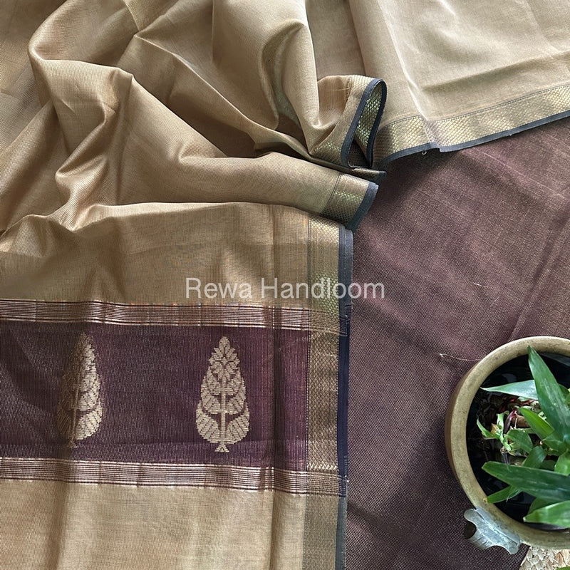 Maheshwari Wine-Beige Tissue Butta Dress Material TPT077