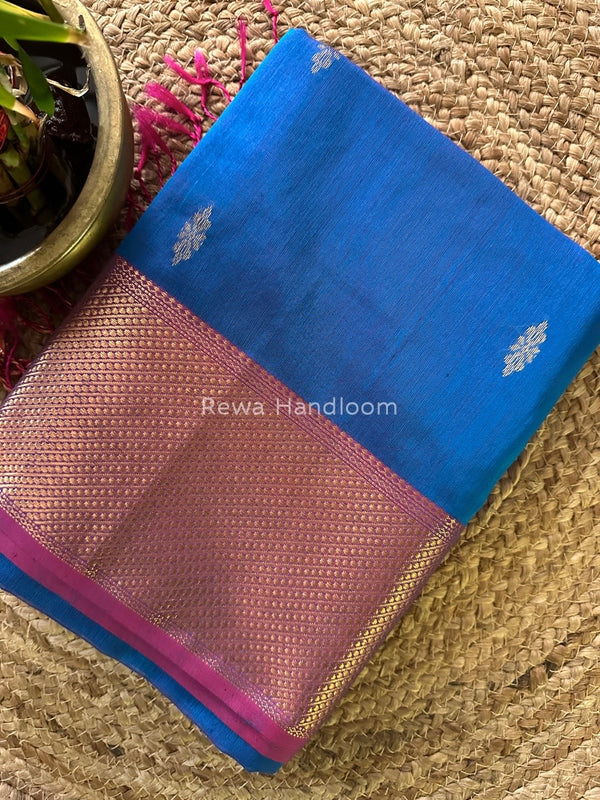 Royal Blue Butta Zari Border Maheshwari Saree LBS017