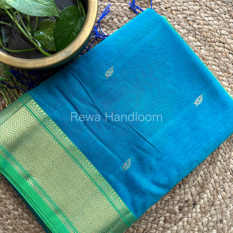 Light Sea Green Butta Pallu Zari Border Saree ~ Maheshwari Saree-BS12