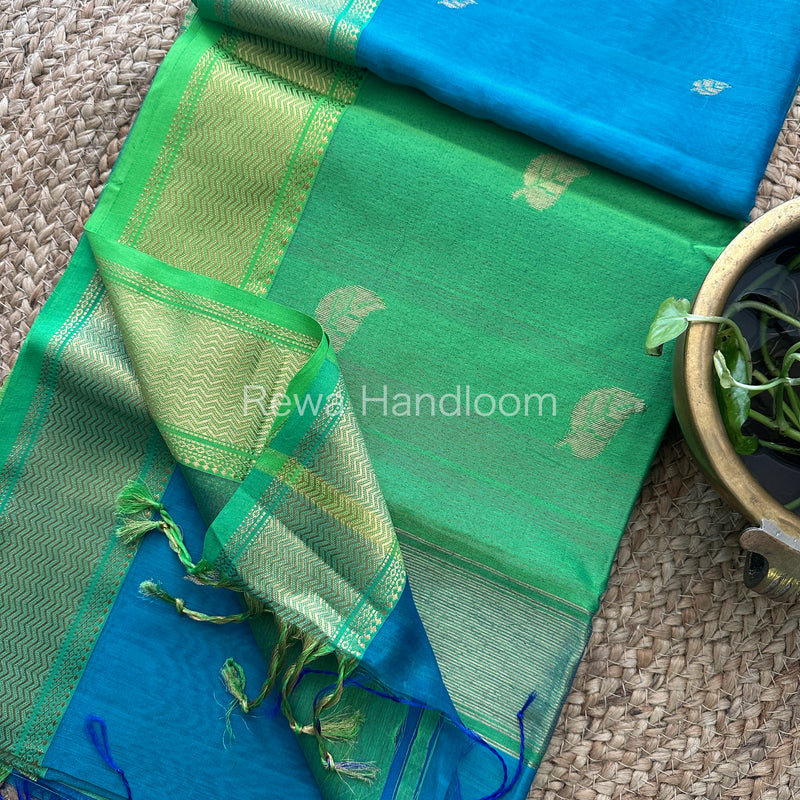 Light Sea Green Butta Pallu Zari Border Saree ~ Maheshwari Saree-BS12