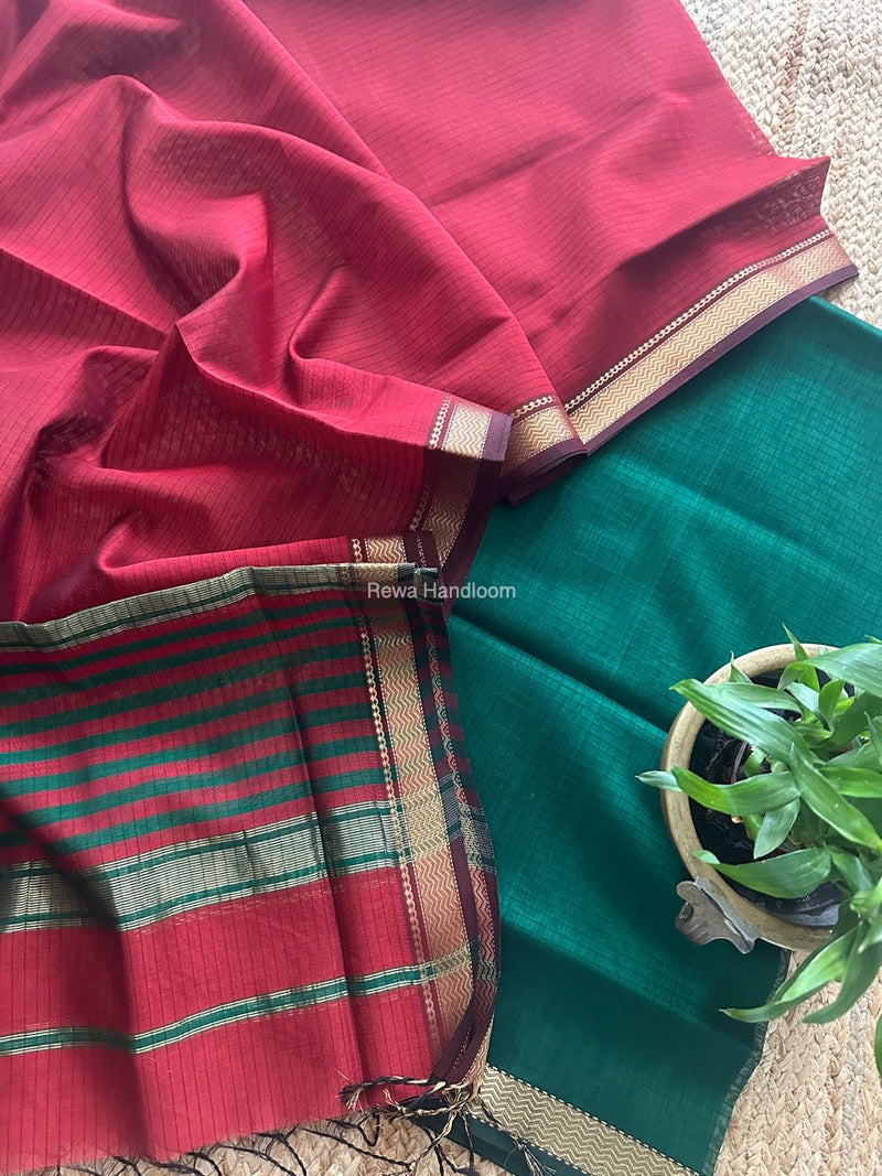 Maheshwari Green-Maroon Zari Border Dress Material MSBS07