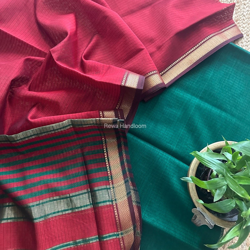 Maheshwari Green-Maroon Zari Border Dress Material MSBS07