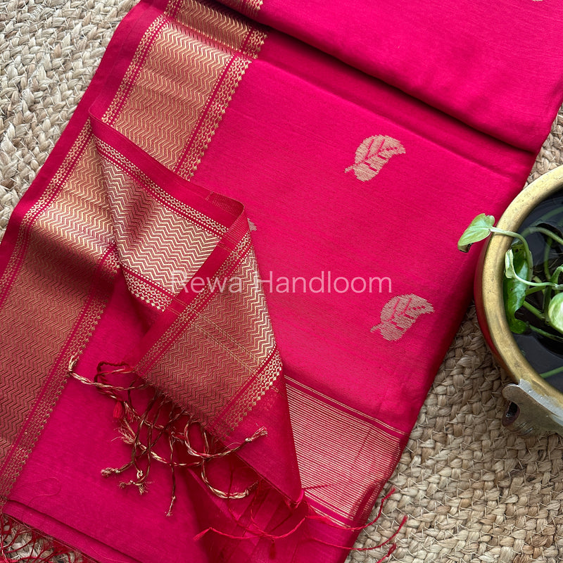 Rani Pink Butta Pallu Zari Border Saree ~ Maheshwari Saree-BS08