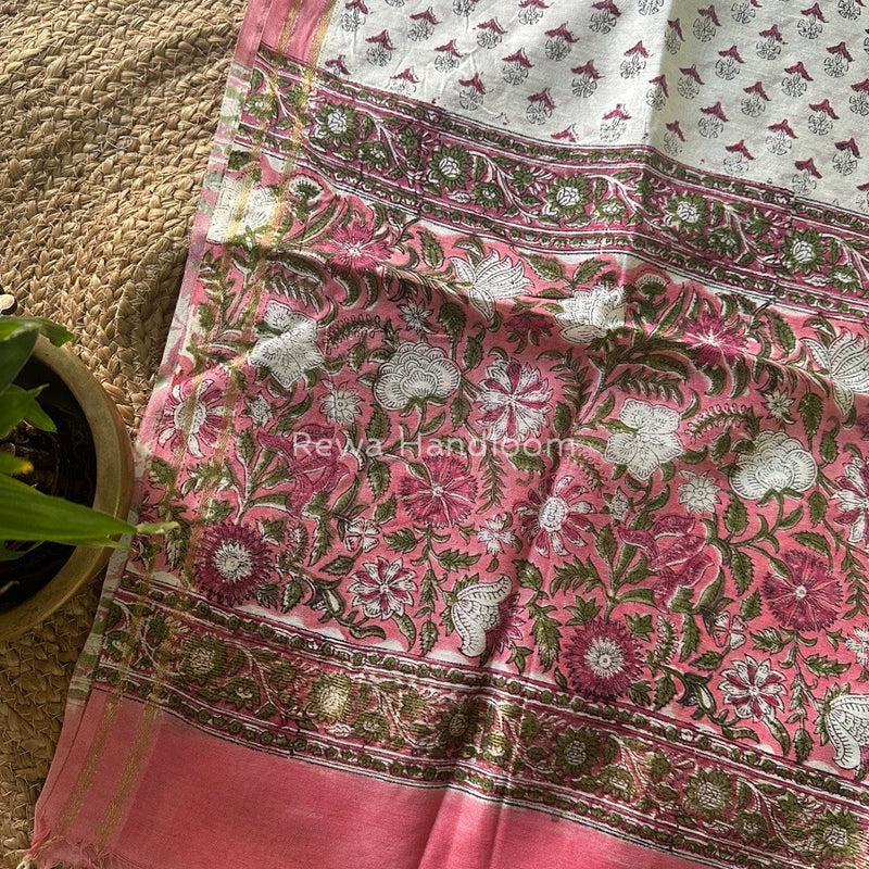 Maheshwari Pink Hand Block Printed Dupatta HD017