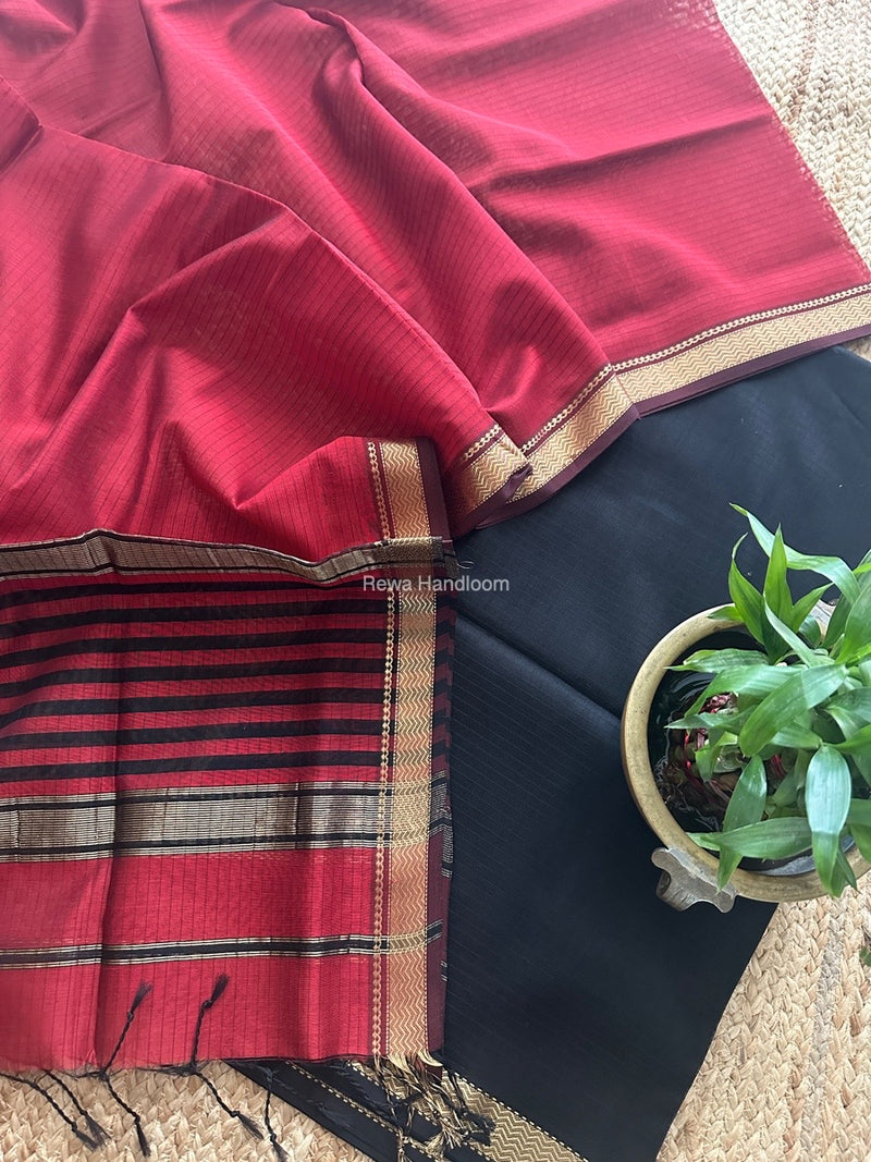 Maheshwari Black-Maroon Zari Border Dress Material MSBS08