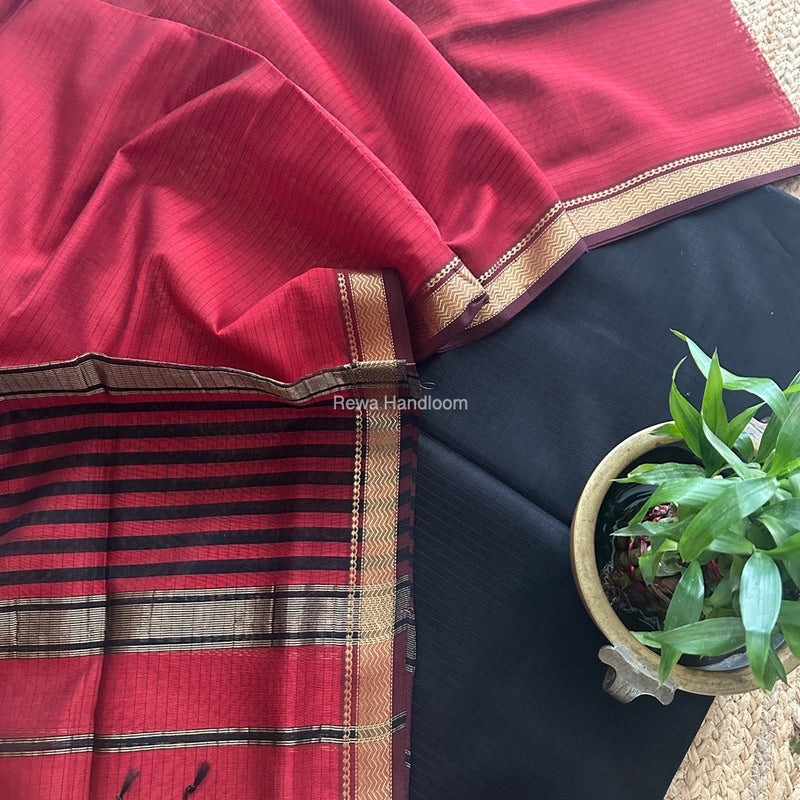 Maheshwari Black-Maroon Zari Border Dress Material MSBS08