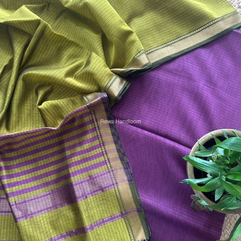 Maheshwari Onion Pink-Mehendi Green Zari Border Dress Material MSBS09