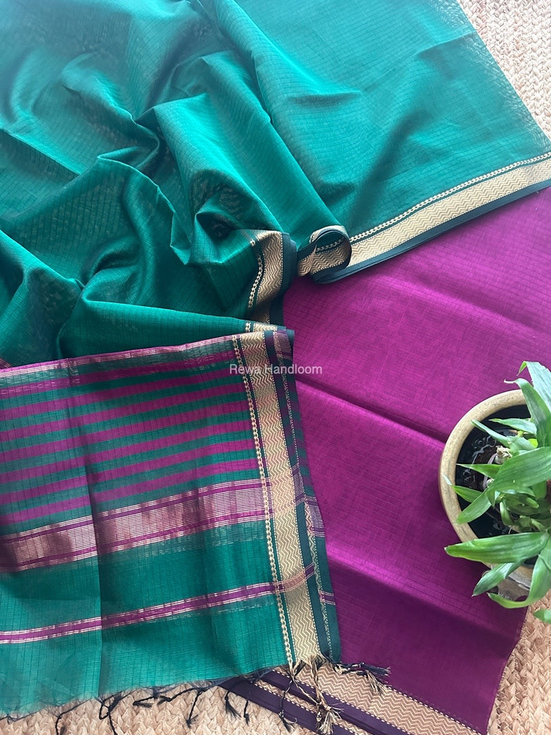 Maheshwari Dark Purple-Green Zari Border Dress Material MSBS012