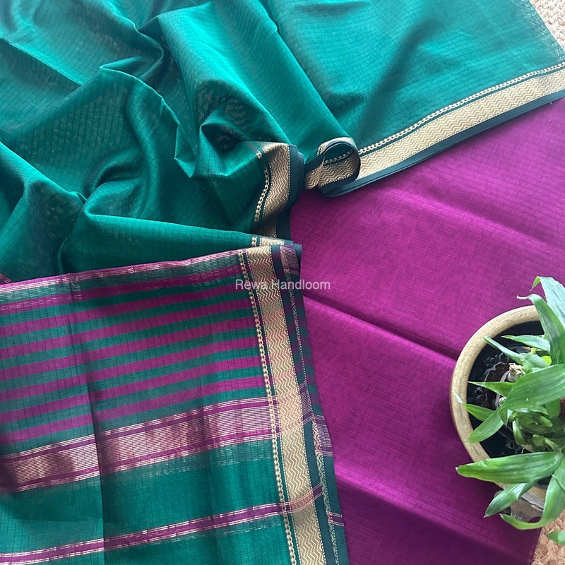 Maheshwari Dark Purple-Green Zari Border Dress Material MSBS012