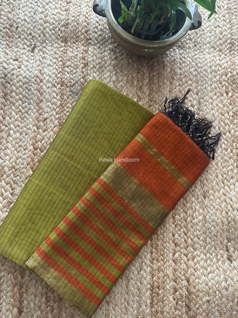 Maheshwari Mehendi Green-Orange Zari Border Dress Material MSBS013