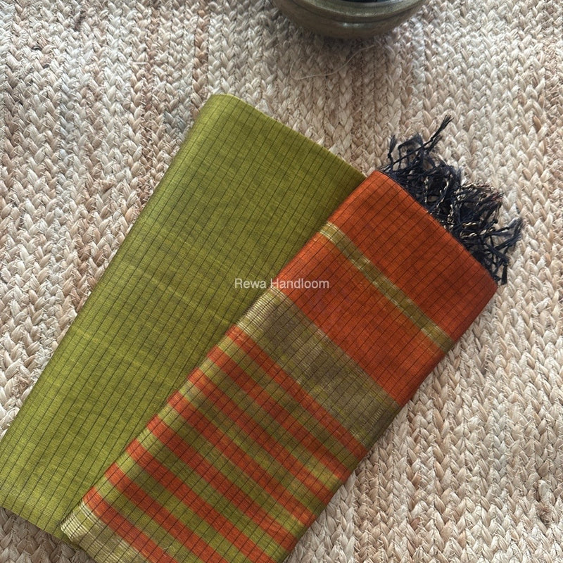 Maheshwari Mehendi Green-Orange Zari Border Dress Material MSBS013