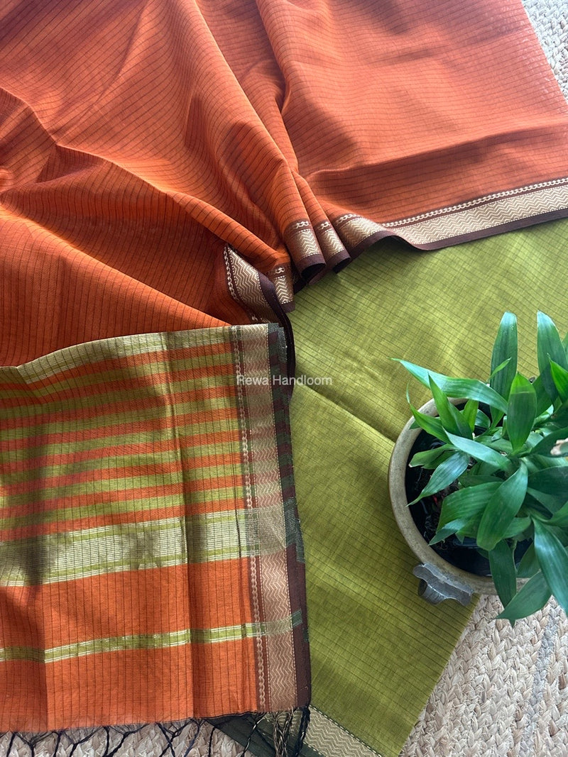 Maheshwari Mehendi Green-Orange Zari Border Dress Material MSBS013