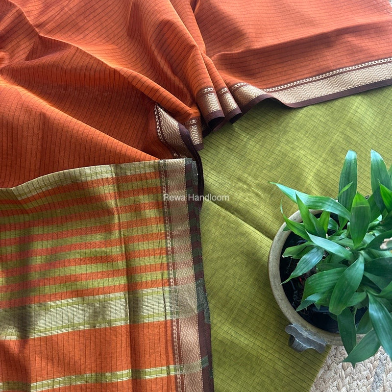 Maheshwari Mehendi Green-Orange Zari Border Dress Material MSBS013