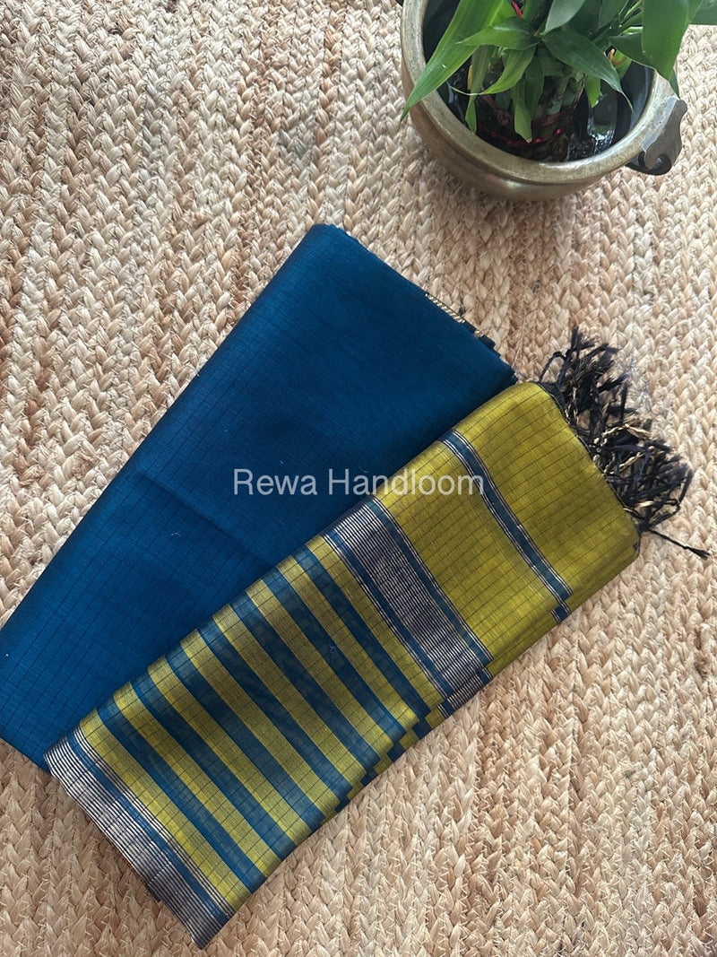 Maheshwari Blue-Mehendi Green Zari Border Dress Material MSBS014