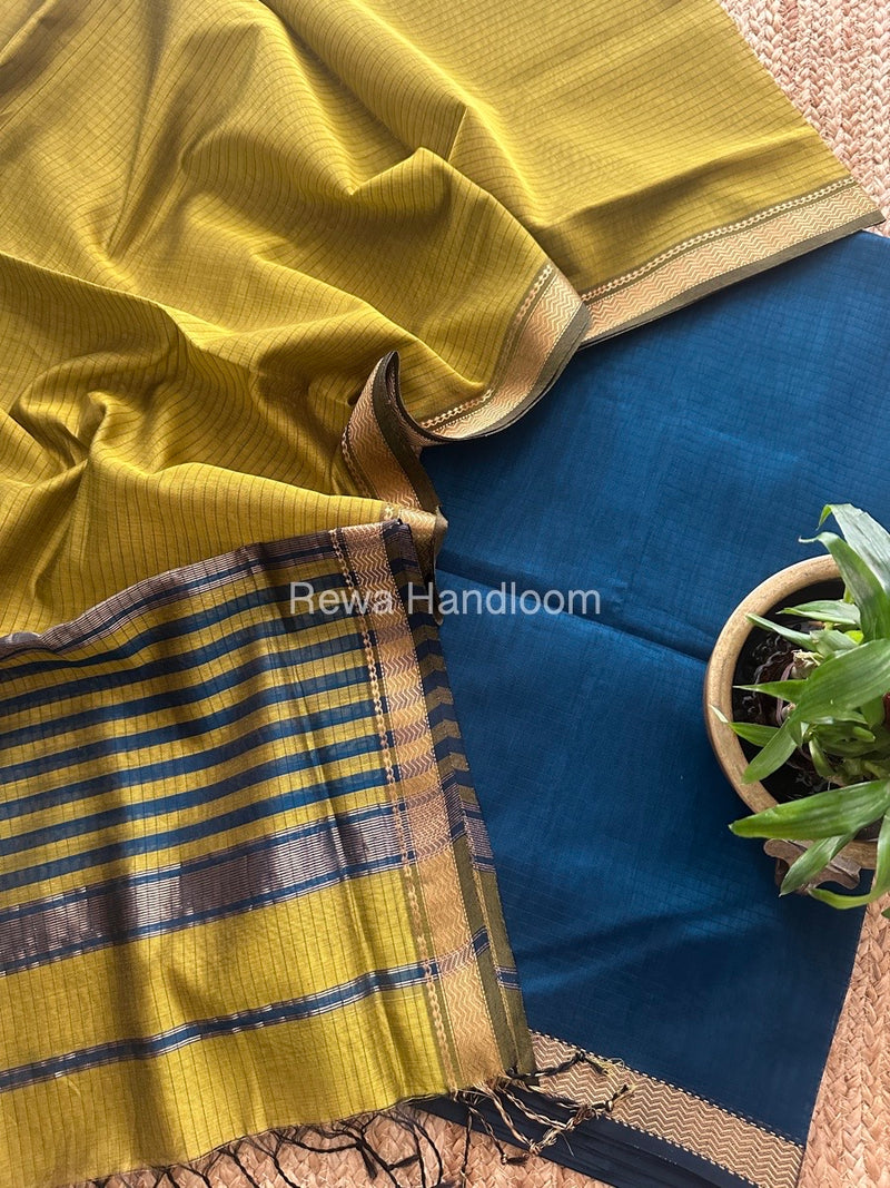 Maheshwari Blue-Mehendi Green Zari Border Dress Material MSBS014