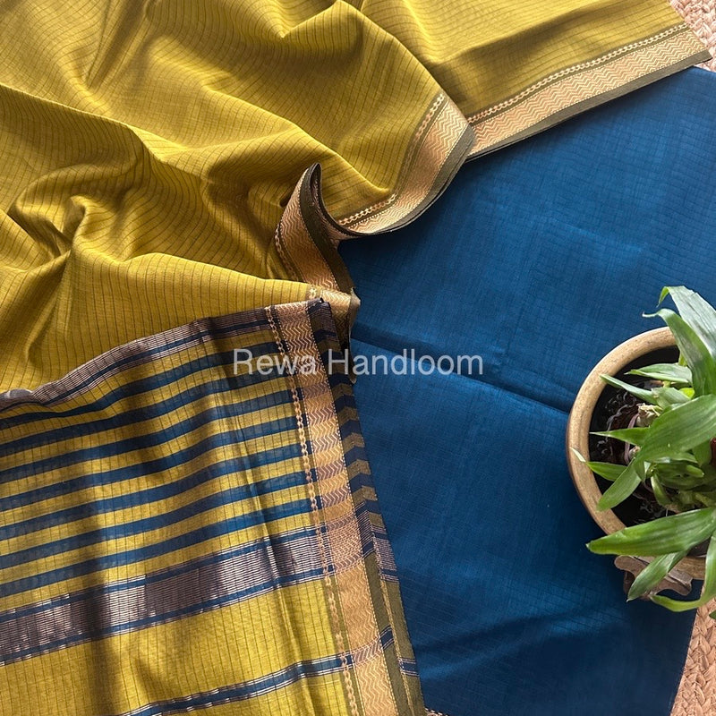 Maheshwari Blue-Mehendi Green Zari Border Dress Material MSBS014