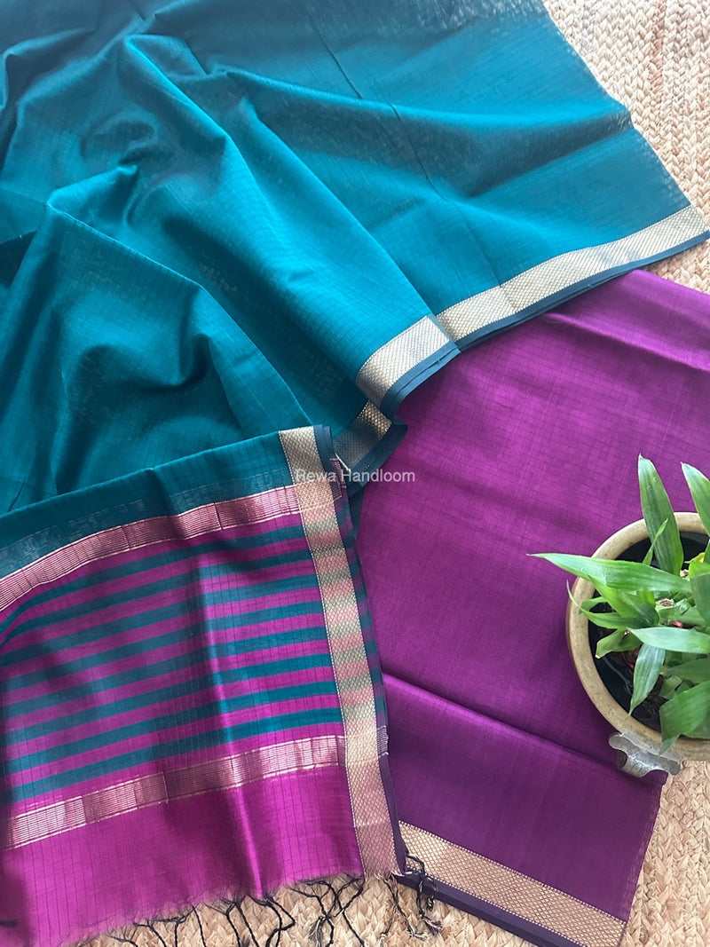 Maheshwari Purple-Green Zari Border Dress Material MSBS015