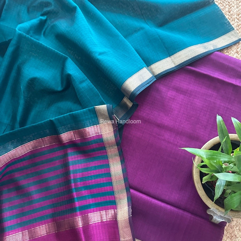Maheshwari Purple-Green Zari Border Dress Material MSBS015