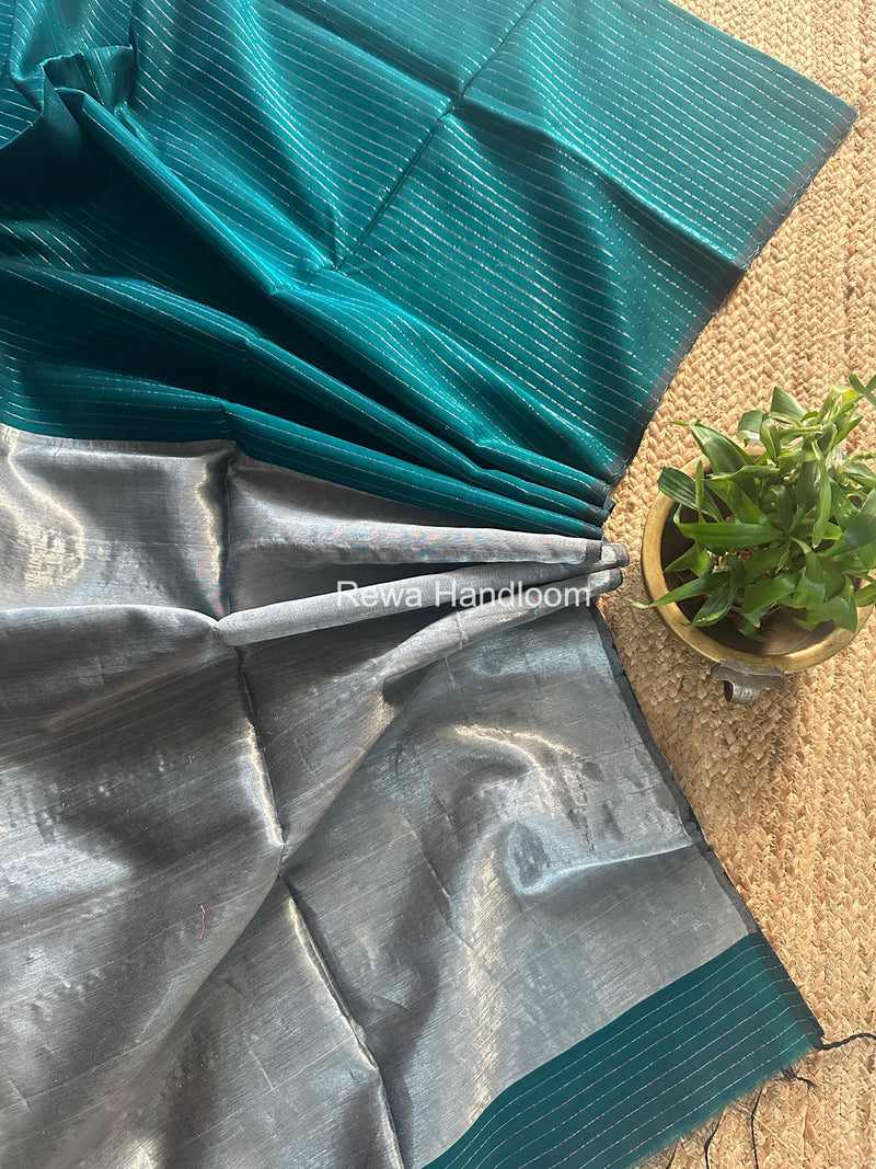 Maheshwari Rama Green Silver Tissue Lining Saree TSLS06
